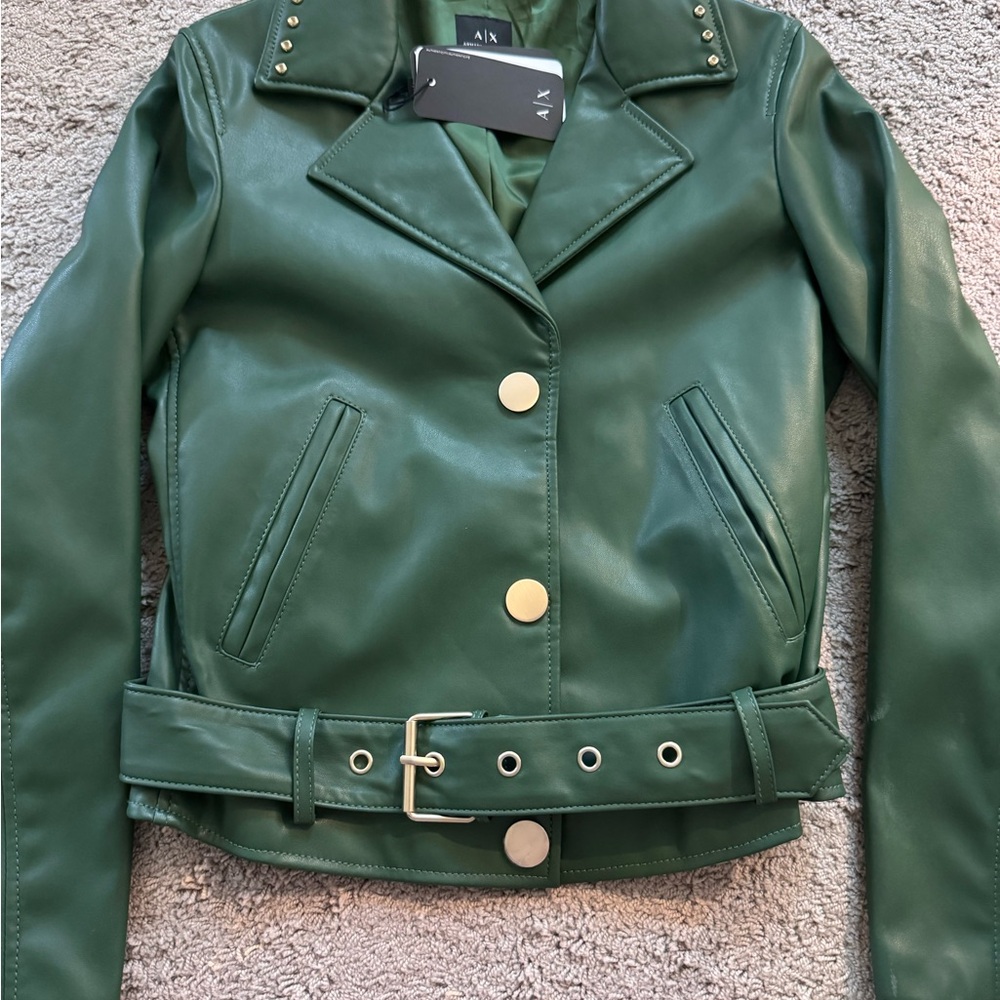 Armani Exchange Green Leather Jacket with Notched Lapel